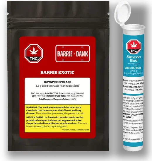 Barrie Exotic bag and Simcoe Bud pre-roll tube with compliant labels